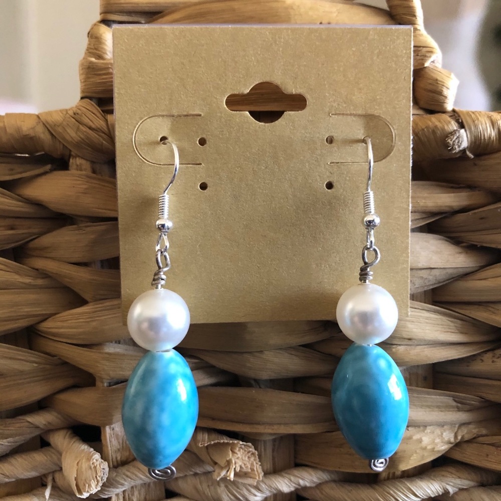 Handmade turquoise & Pearl glass bead earrings